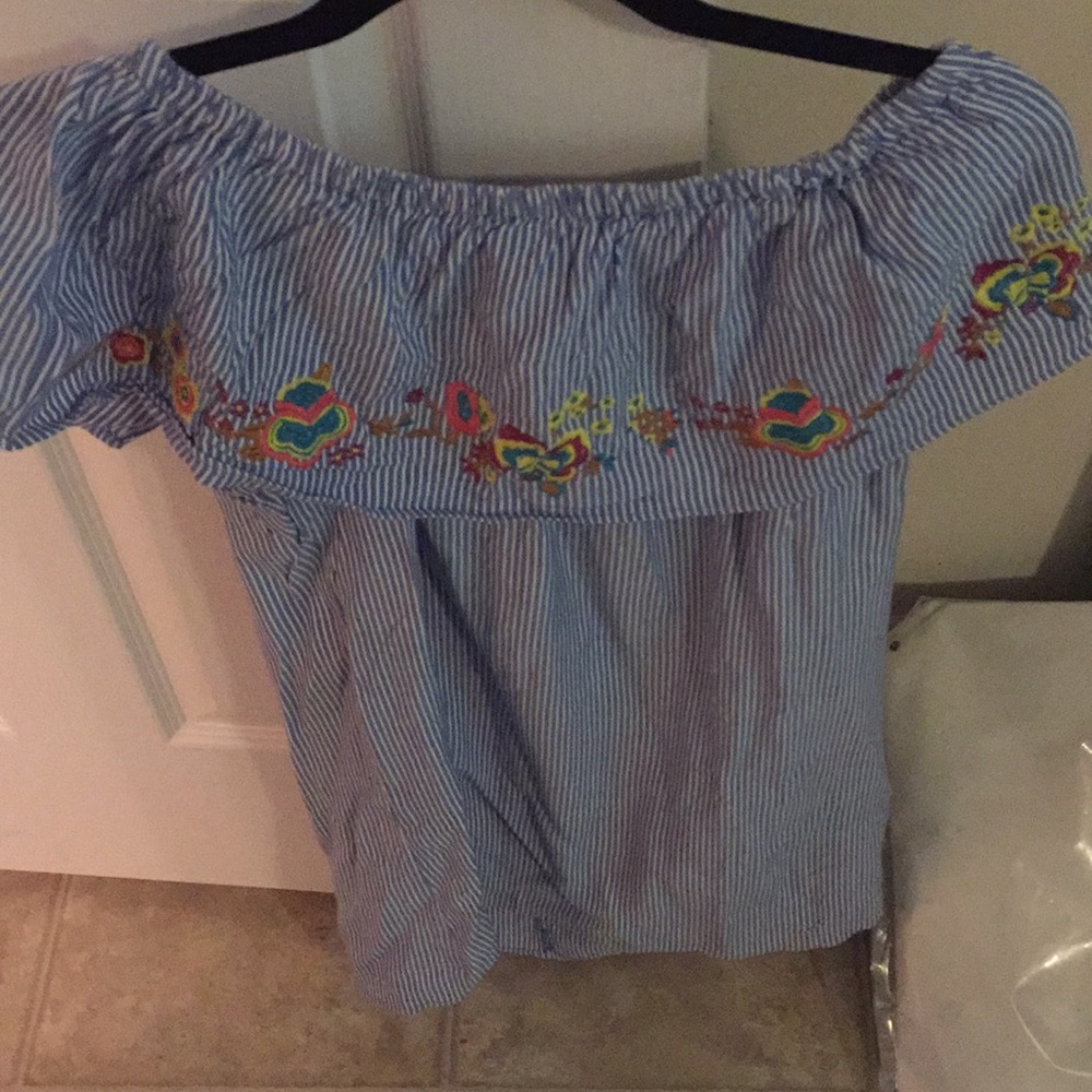 Off the shoulder, seersucker, floral dress!